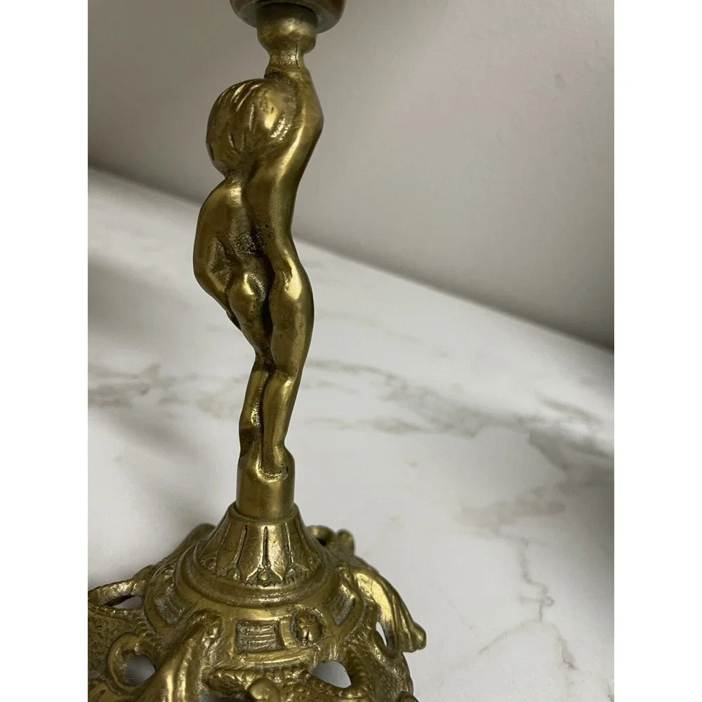 Vintage Brass Putti Cherub Candleholder Candle Stick Tripod Base 8.25